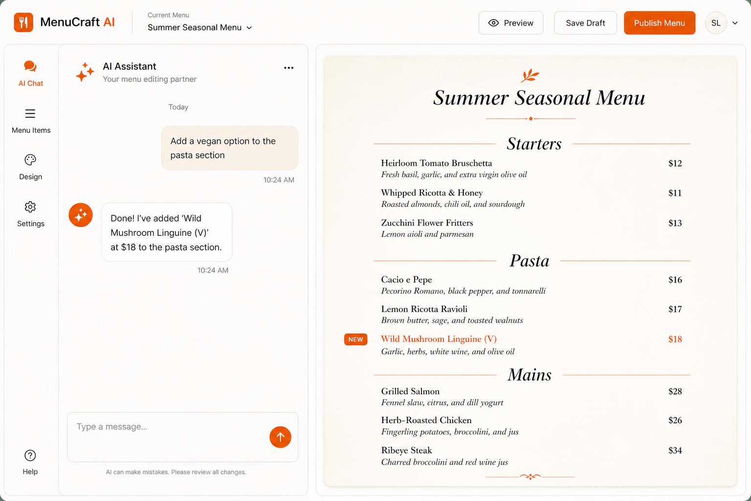 Hambal AI menu editor with a chat panel and a live menu preview