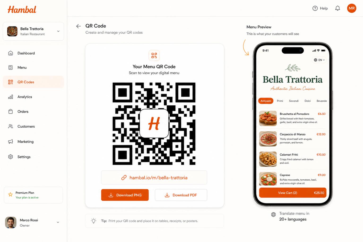 Hambal QR code generation screen with a phone preview of the diner menu